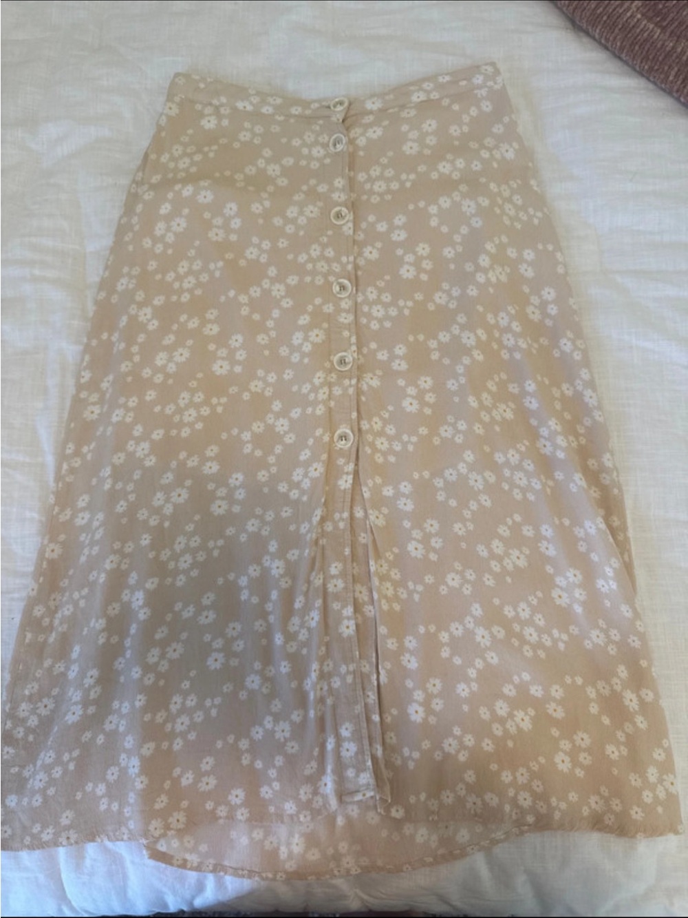 Crescent Beige Midi Skirt with White Floral Print